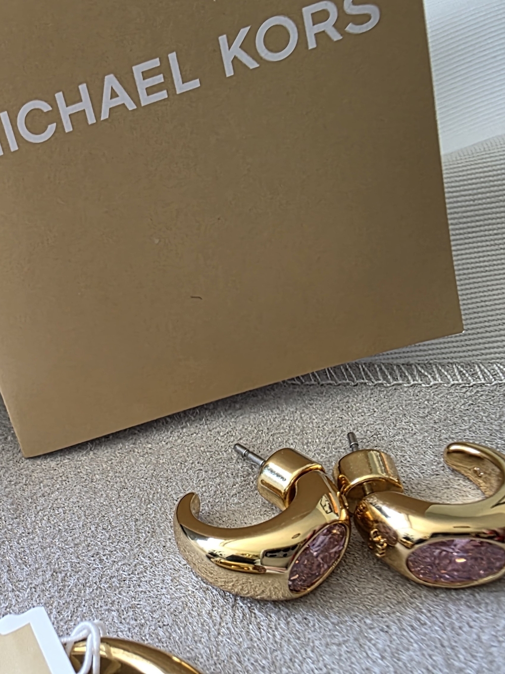 Michael Kors Gold-Tone Crescent Stud Earrings with Pink Stone